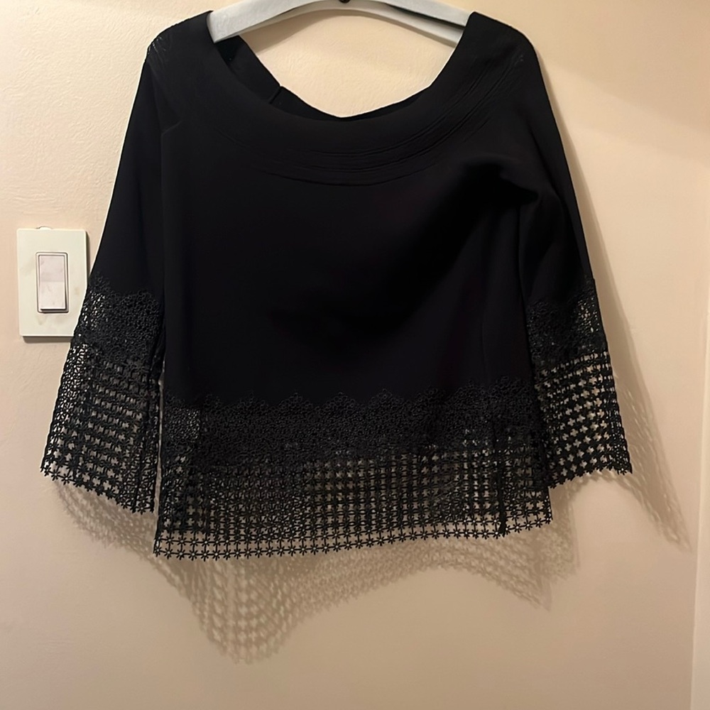 Elie Tahari black top with lace trim size medium